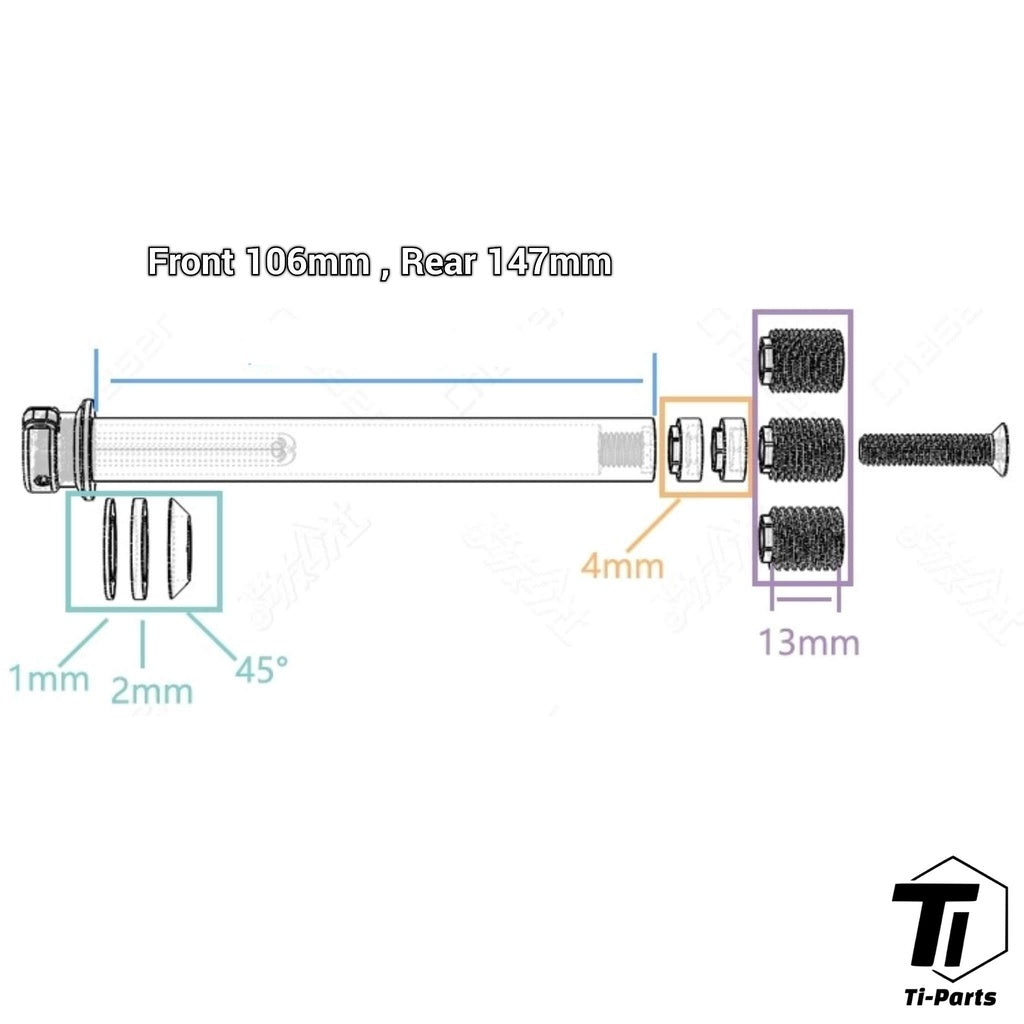 ロードバイク用ディスクブレーキ対応チタン製ユニバーサルスルーアクスル | 12mm 超軽量エアロアクスル、内蔵型隠しQRクイックリリース付き