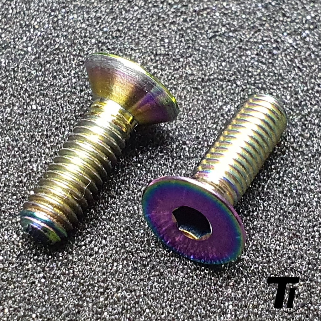 Rainbow oil slick countersunk titanium bolts for a motorcycle brake reservoir cover