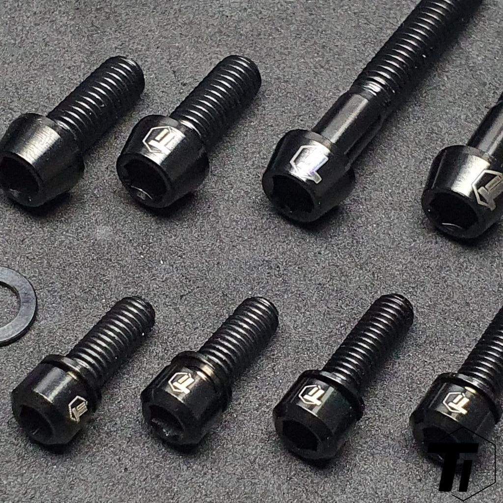 Close-up of nitride black titanium bolts and washers for the Yoshimura ENDH stem