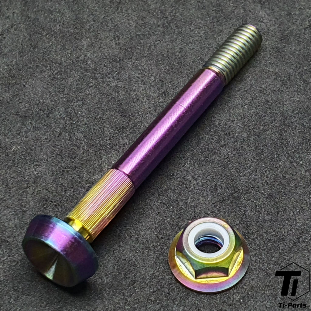 Rainbow oil-slick titanium Brompton rear shock axle set